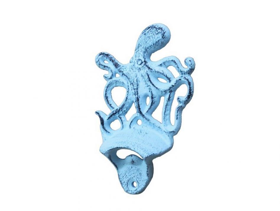 Dark Blue Whitewashed Cast Iron Wall Mounted Octopus Bottle Opener 6""