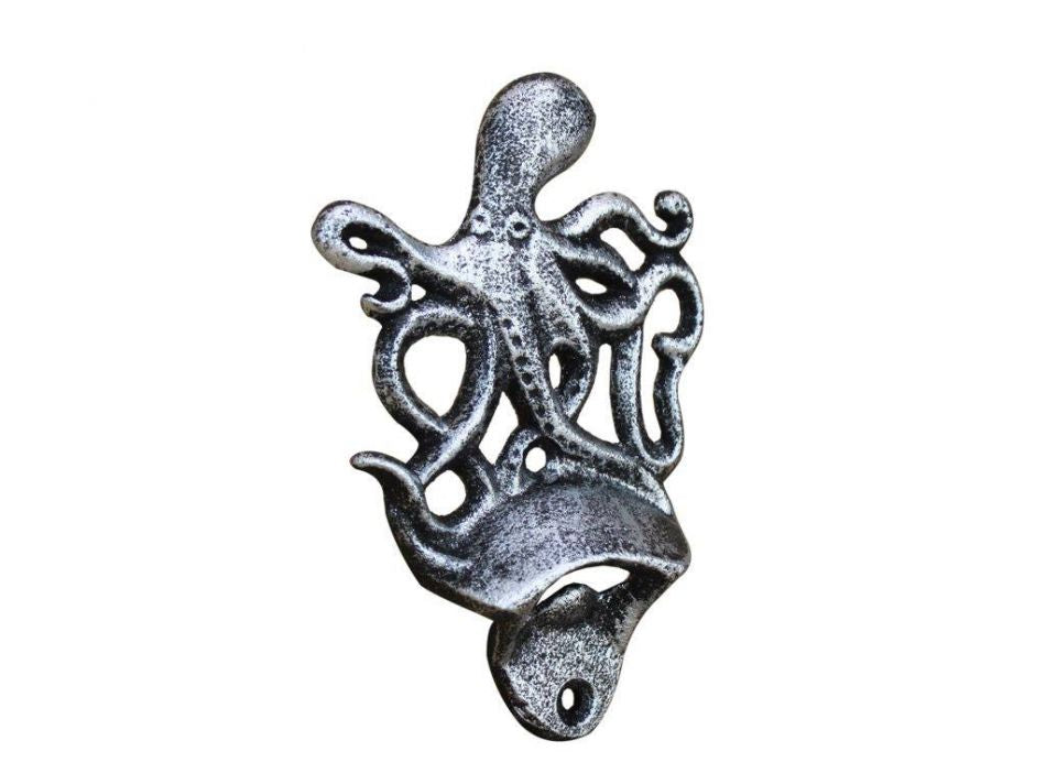 Antique Silver Cast Iron Wall Mounted Octopus Bottle Opener 6""