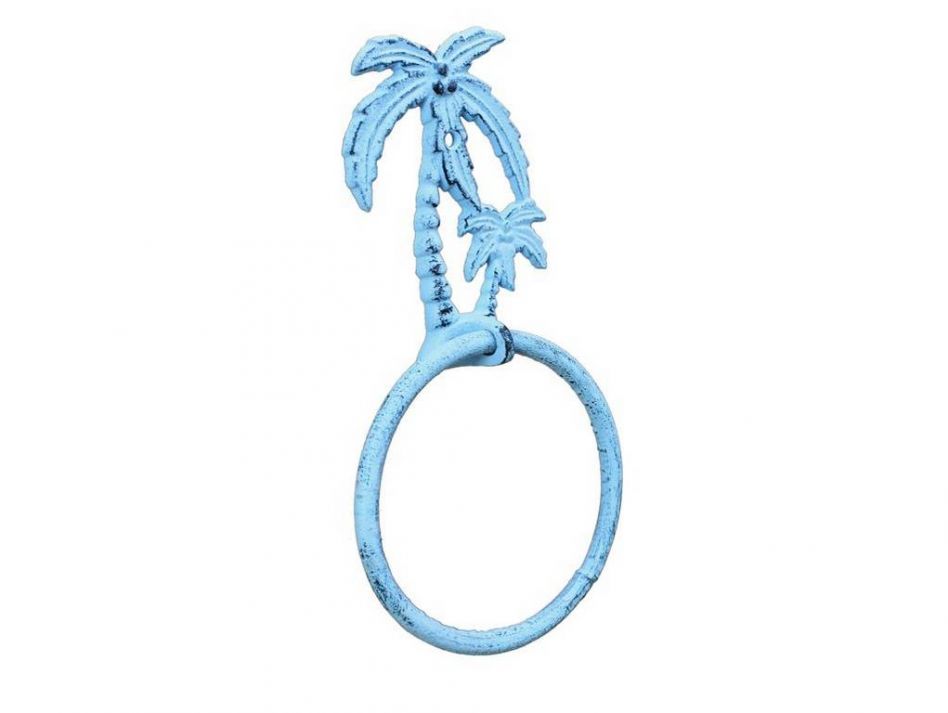 Dark Blue Whitewashed Cast Iron Palm Tree Towel Holder 9""