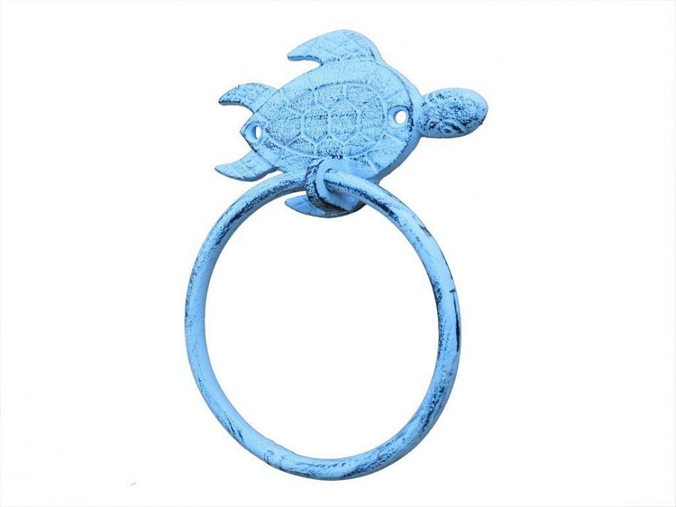 Dark Blue Whitewashed Cast Iron Sea Turtle Towel Holder 7""