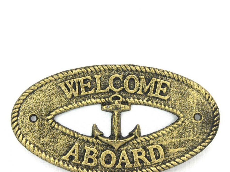 Antique Gold Cast Iron Welcome Aboard with Anchor Sign 8""