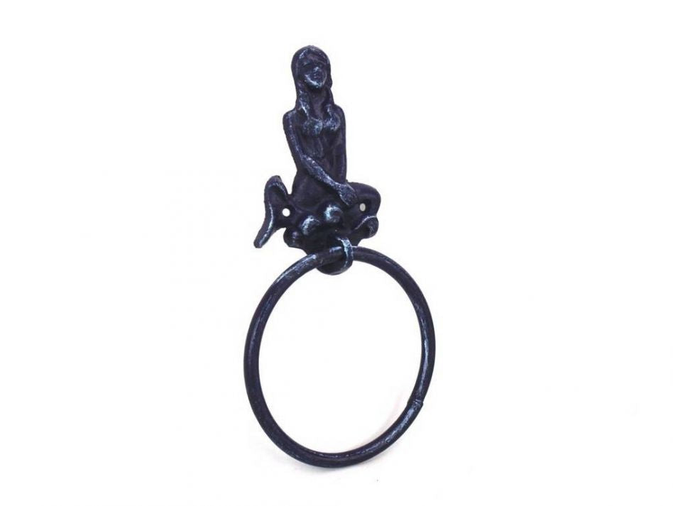 Rustic Dark Blue Cast Iron Mermaid Towel Holder 8.5""
