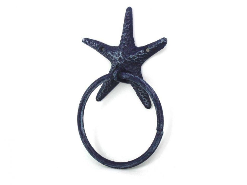 Rustic Dark Blue Cast Iron Starfish Towel Holder 8.5""