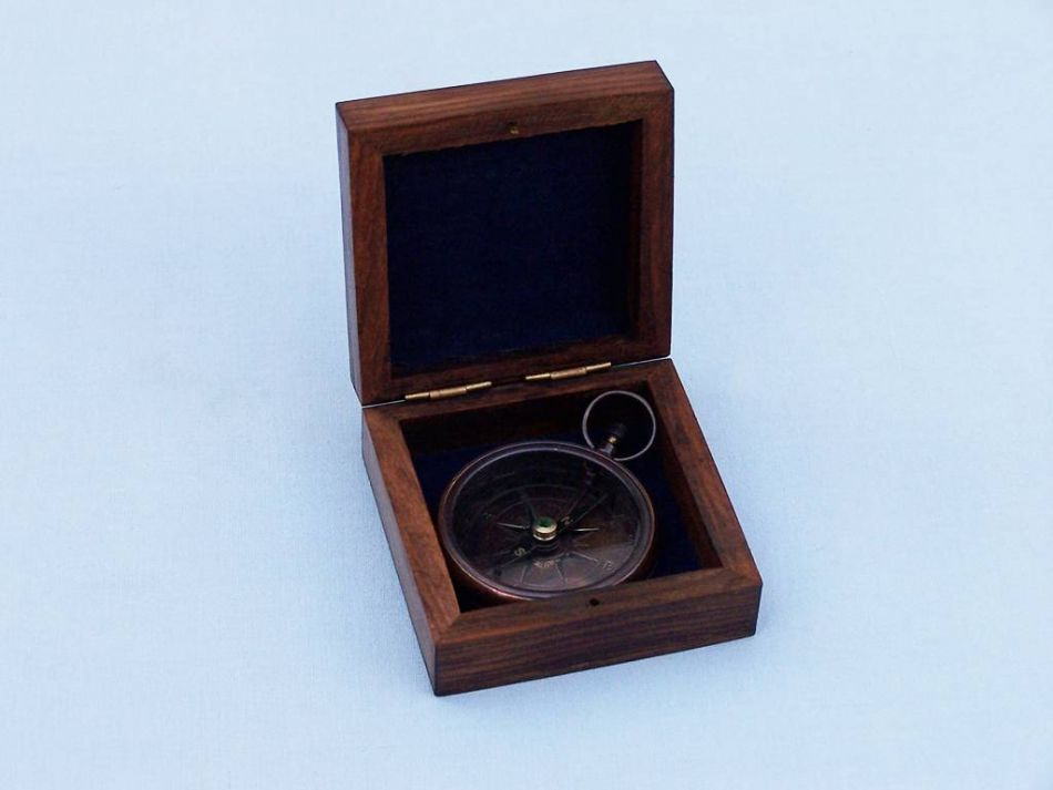 Antique Copper Beveled Lensatic Compass w/ Rosewood Box 4""