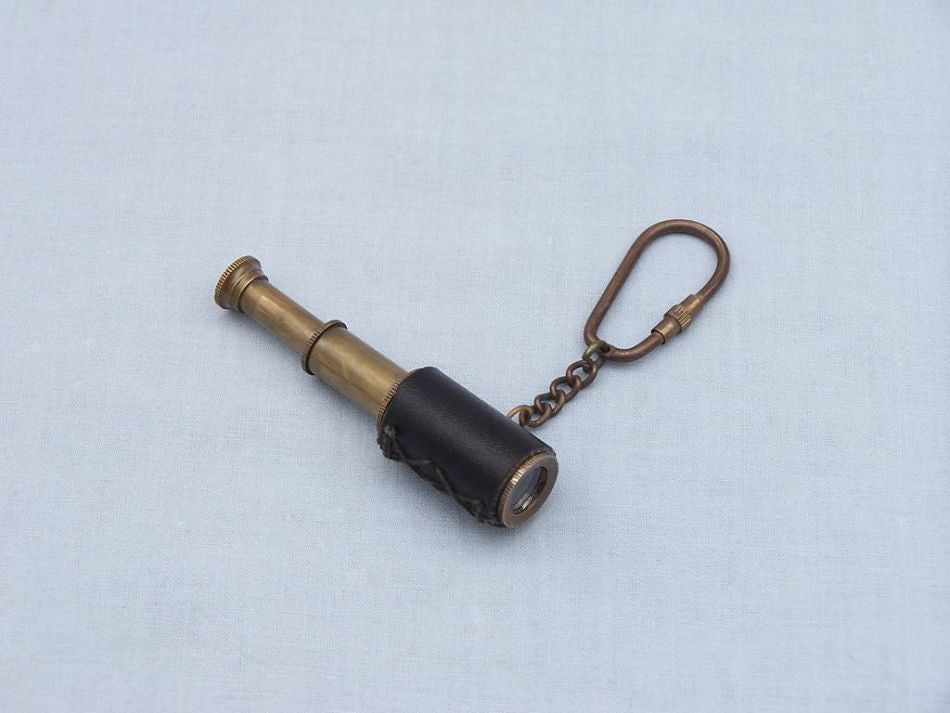 Antique Brass with Leather Spyglass Key Chain 6""