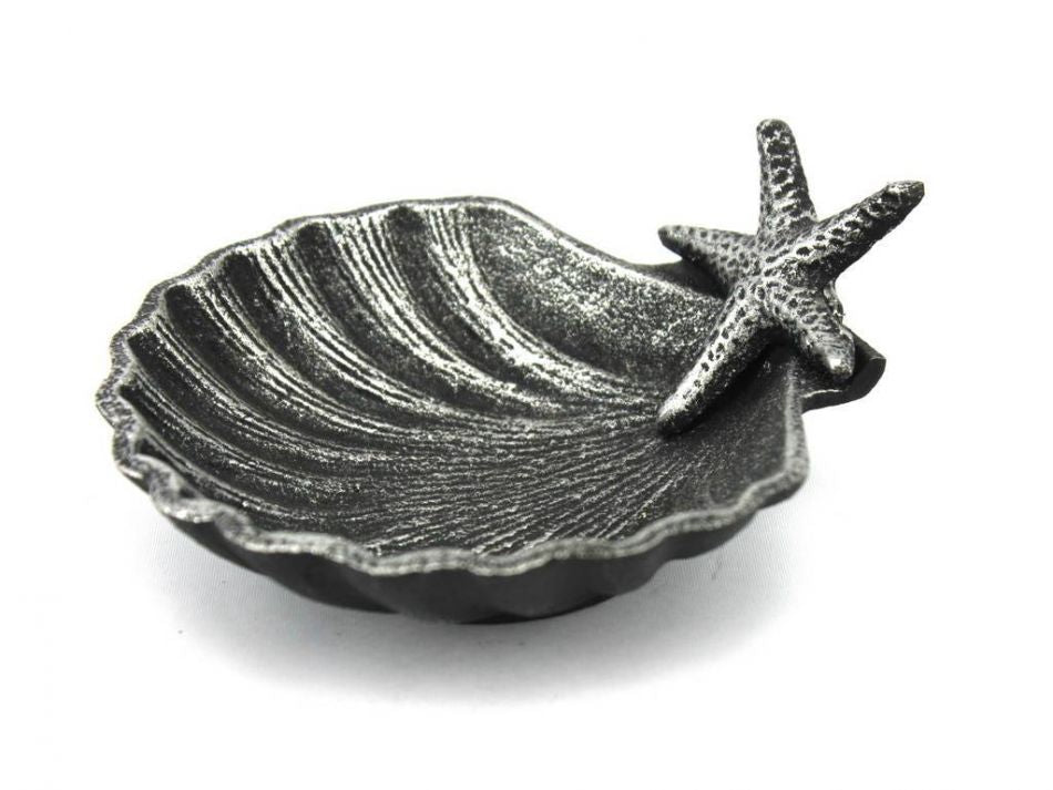 Antique Silver Cast Iron Shell With Starfish Decorative Bowl 6""