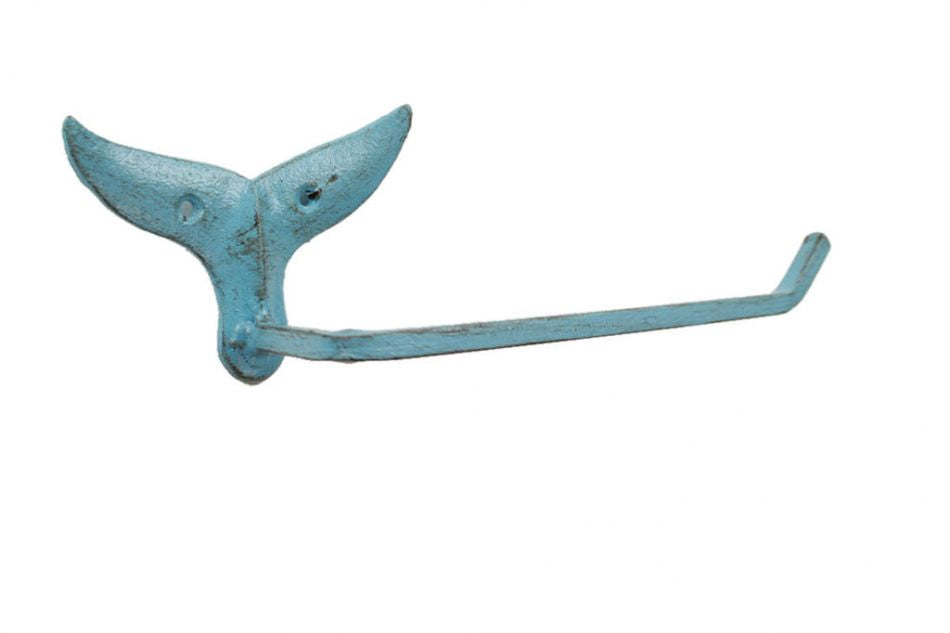 Rustic Light Blue Cast Iron Whale Tail Toilet Paper Holder 11""