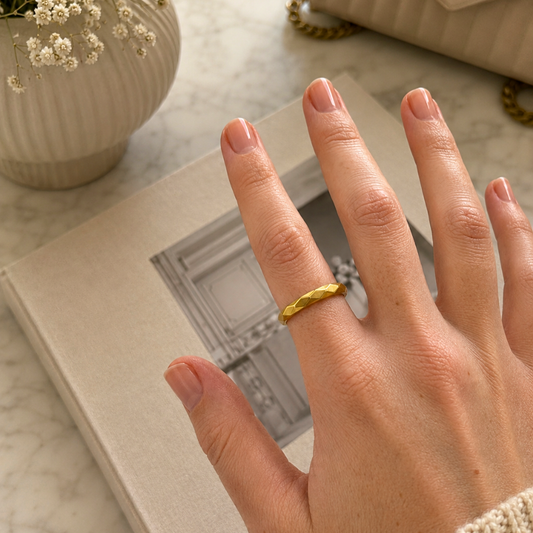 Geometric Cutting Beveled Triangle Polished Titanium PVD Gold Band Ring