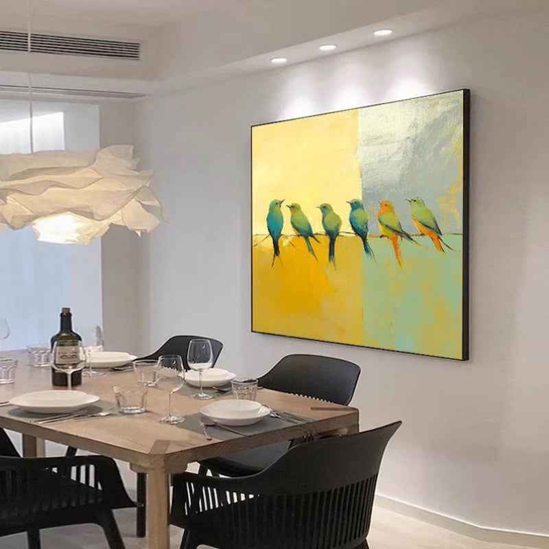 Hand-painted Abstract Oil Paintings Birds On A Silver Yellow Background Modern Minimalist Animal Wall Art In The Living Room Entryway Decor