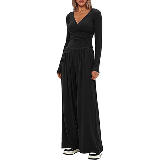 2 Pieces Women's V Neck Long-sleeve Sportswear Top And Wide-leg Pants Set Casual Comfortable Outfit Set For Daily Wear Gym Sports Outfit