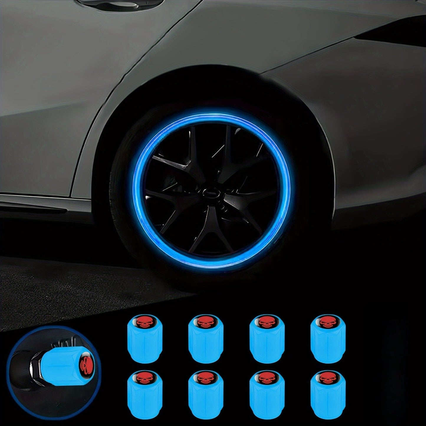 A Collection of Four Glowing Tire Valve Caps Designed to Stop Air from Escaping, Ideal for Vehicles Like Cars, Bikes, And Trucks, Adding a Fashionable Touch