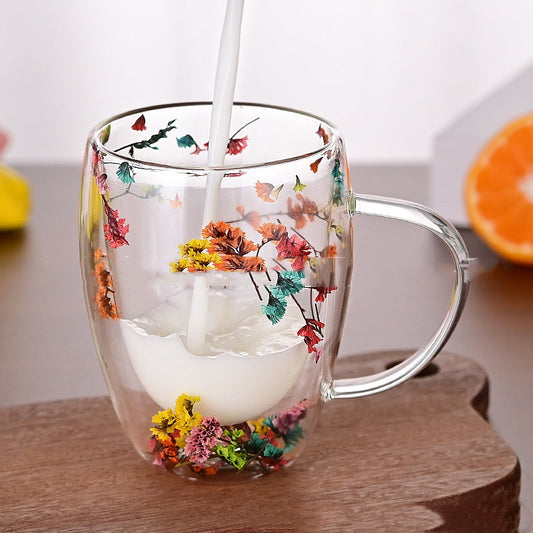 Creative Real Flower Heat-resistant Double Layer Glass Cup