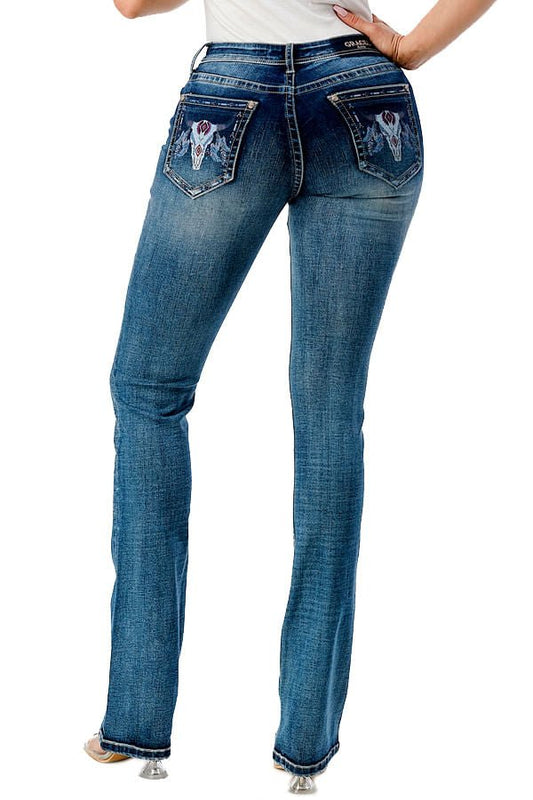 Grace in LA Women's Western Steer Head Print Mid Rise Bootcut Jeans