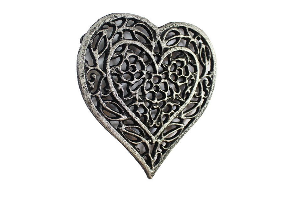 Rustic Silver Cast Iron Heart Shaped Trivet 7""