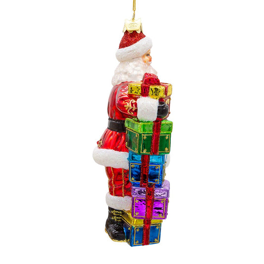 Bellissimo Glass Santa With Gift Boxes Ornament