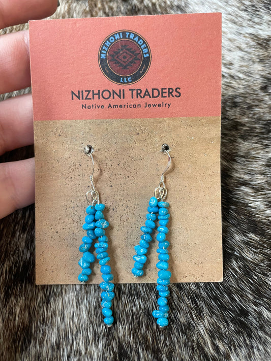 Handcrafted Sterling Silver & Turquoise Beaded Dangle Earrings DBL Strand