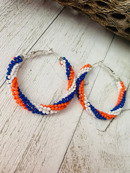 Handcrafted Handmade Beaded Hoop Earrings- red, white, blue