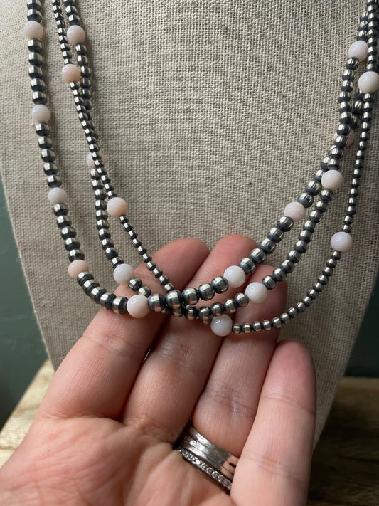 Handcrafted Pink Conch & Sterling Silver 3 Strand Beaded Necklace 20”