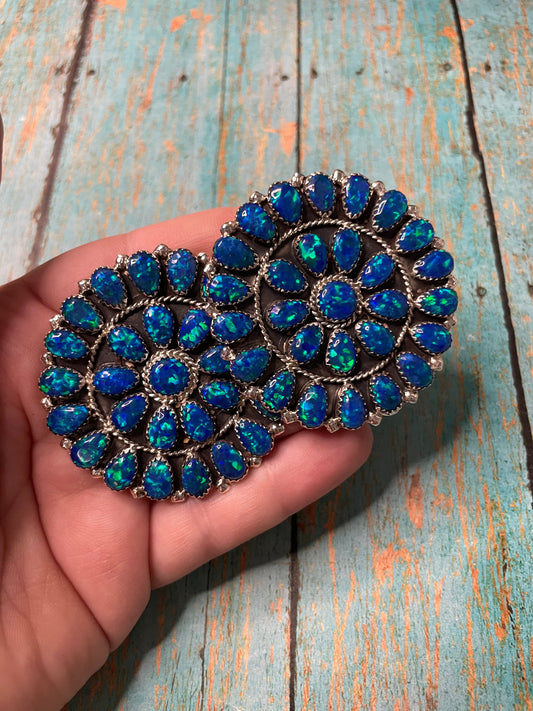 Handcrafted Sterling Silver & Blue Opal Cluster Post Earrings Signed