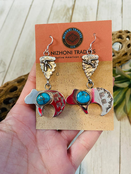 Handcrafted Turquoise & Sterling Silver Fetish Bear Dangle Earrings
