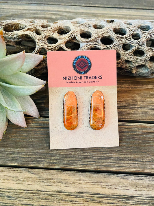 Handcrafted Sterling Silver & Orange Spiny Post Earrings 1.1/8”