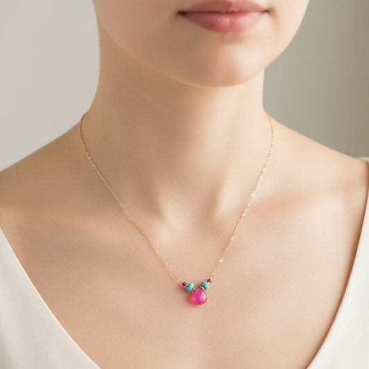 Pink Chalcedony Drop and Turquoise Gold Filled Necklace