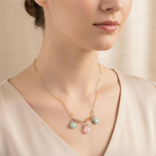 Gold Filled Light Pink and Mint Chalcedony Chain Necklace