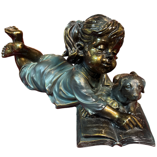 Girl and Pup Reading Figurine