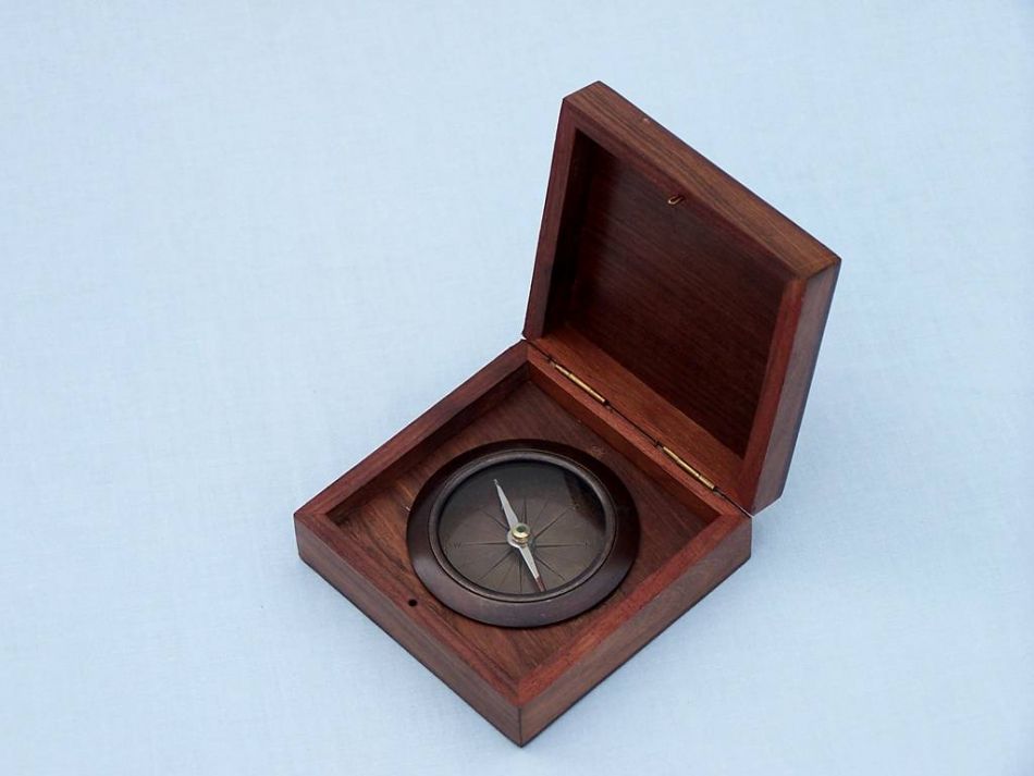 Antique Copper Captains Desk Compass with Rosewood Box 4""