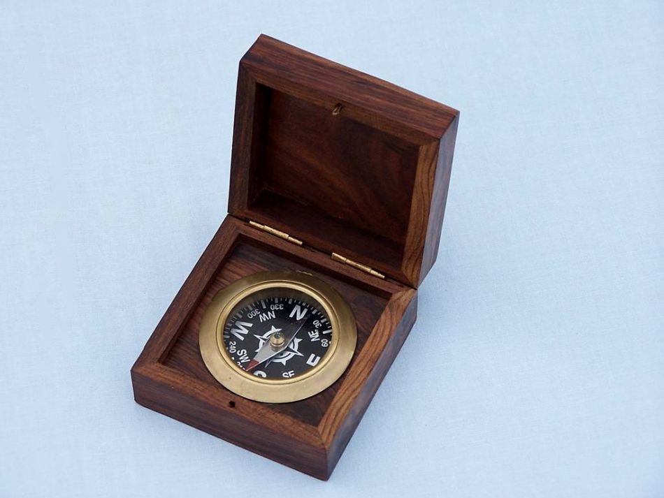 Antique Brass Black Desk Compass with Rosewood Box 3""