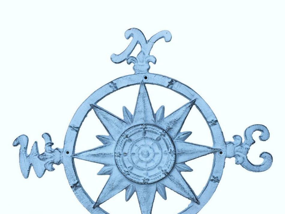 Rustic Dark Blue Whitewashed Cast Iron Large Decorative Rose Compass 19""
