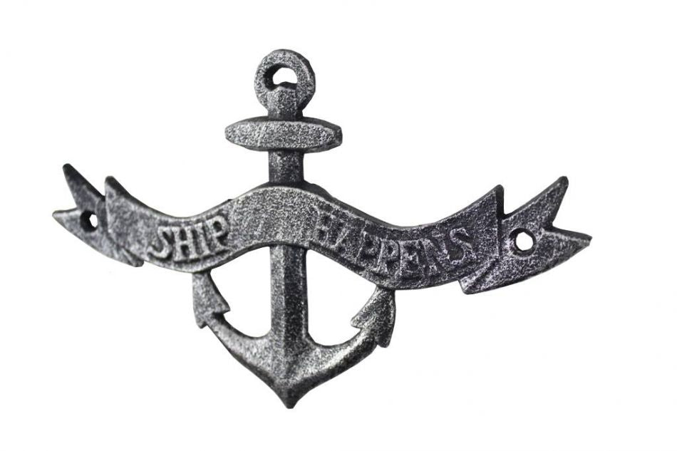 Antique Silver Cast Iron Ship Happens Anchor Sign 8""