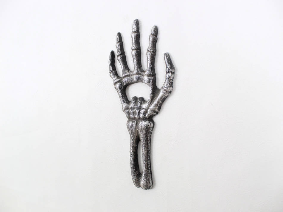 Rustic Silver Cast Iron Skeleton Hand Bottle Opener 7""