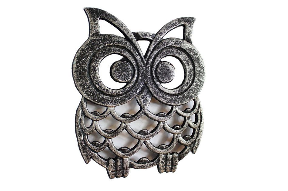 Rustic Silver Cast Iron Owl Trivet 8""