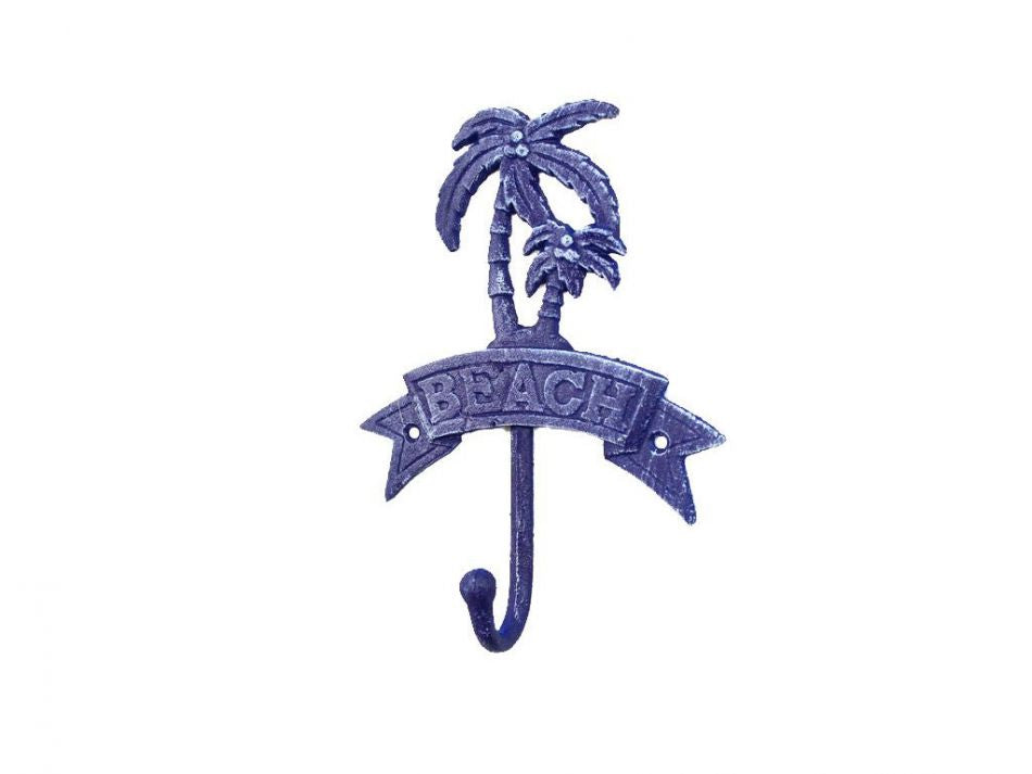 Rustic Dark Blue Cast Iron Palm Tree Beach Hook 8""