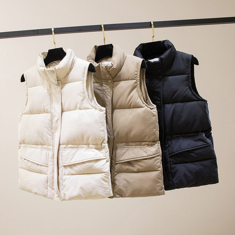 Vest Women Cotton Padded Women's Winter Sleeveless Jacket with Zipper Stand Collar Casual Coats