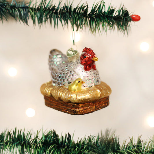 Hen On Nest Glass Ornament