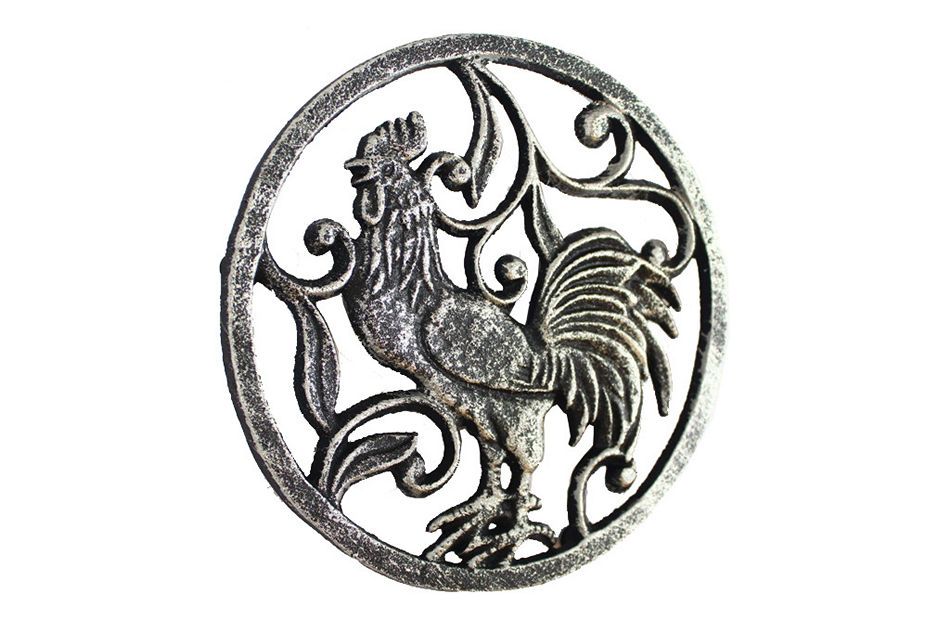 Rustic Silver Cast Iron Rooster Trivet 8""