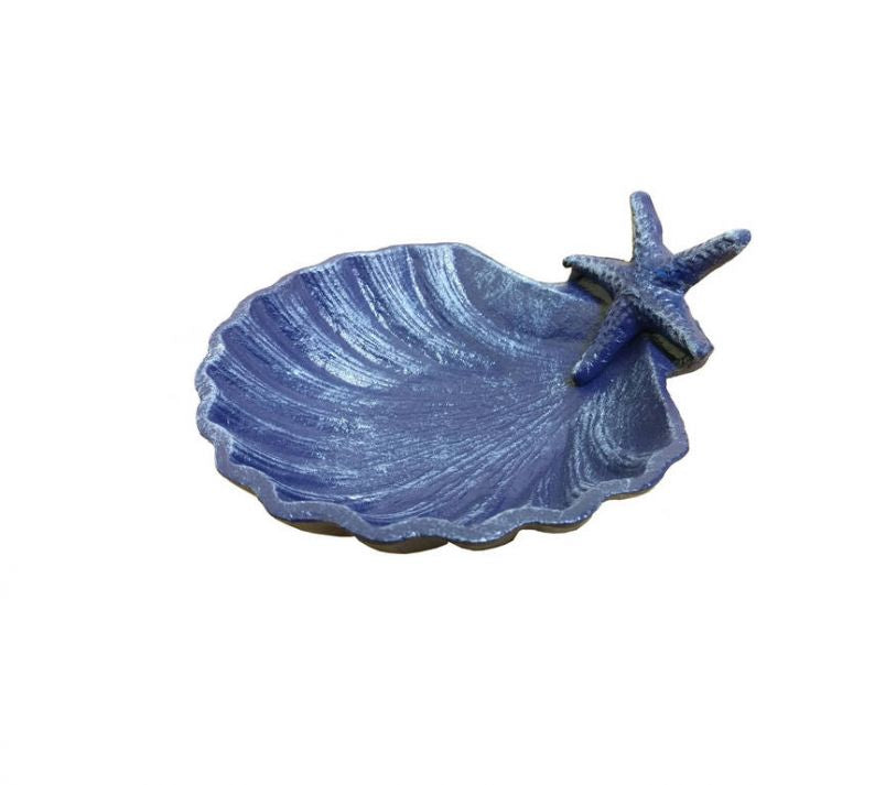 Rustic Dark Blue Cast Iron Shell With Starfish Decorative Bowl 6""