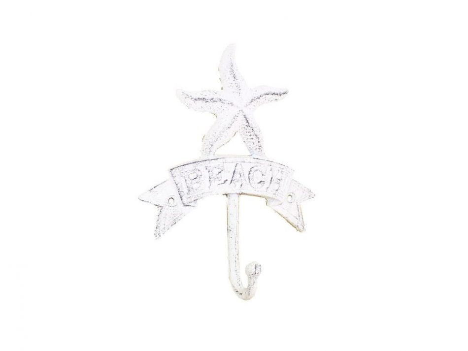 Whitewashed Cast Iron Starfish Beach Hook 8""