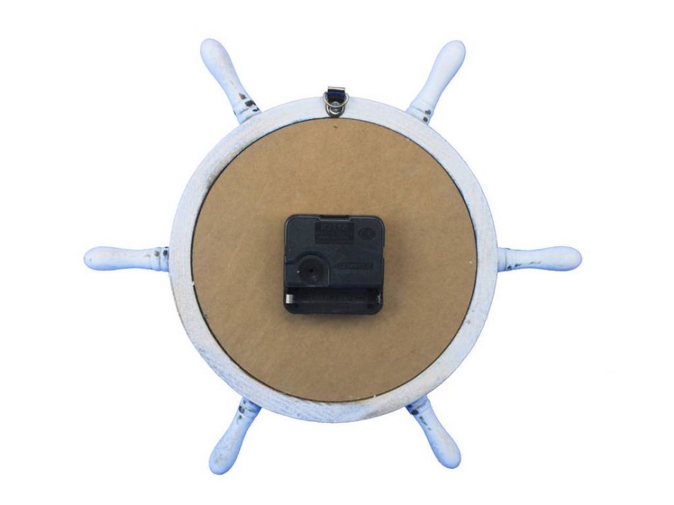 Wooden Whitewashed Ship Wheel with Dark Blue Knot Face Clock 12""