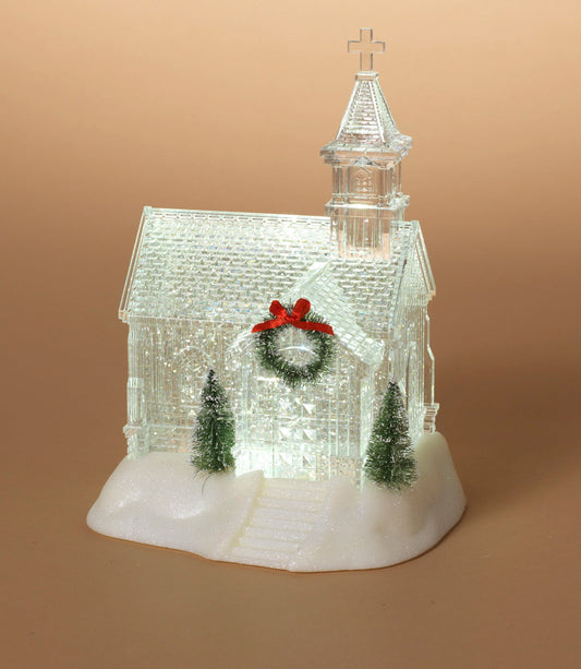 Lighted Church Waterglobe with Spinning Water