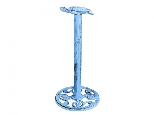 Rustic Dark Blue Whitewashed Cast Iron Sea Turtle Extra Toilet Paper Stand 13""