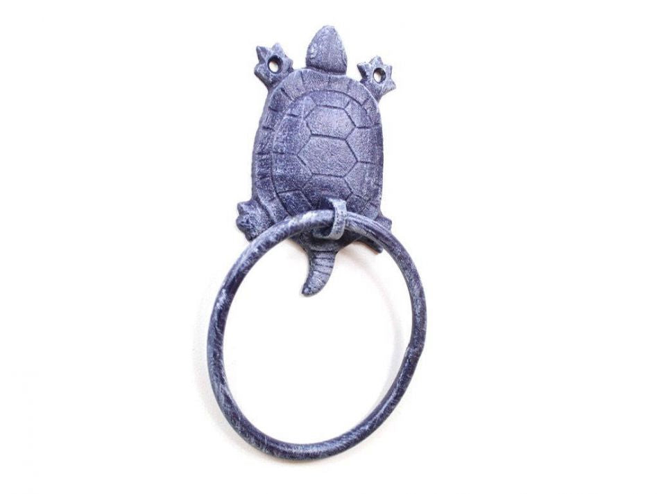 Rustic Dark Blue Cast Iron Turtle Towel Holder 8""