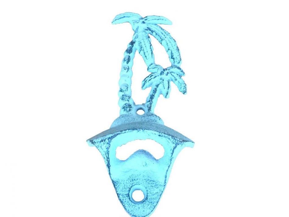 Rustic Dark Blue Whitewashed Cast Iron Wall Mounted Palmtree Bottle Opener 6""