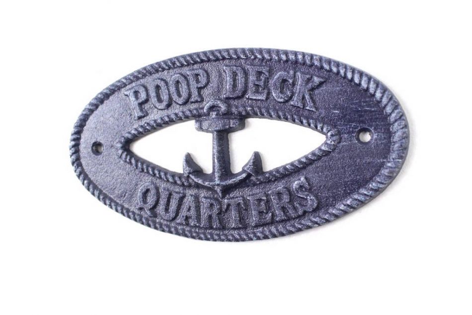 Rustic Dark Blue Cast Iron Poop Deck Quarters with Anchor Sign 8""