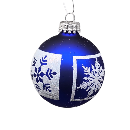 Krebs Value Glass Ball 4 pack - White Glitter Snowflakes on Deep Blue