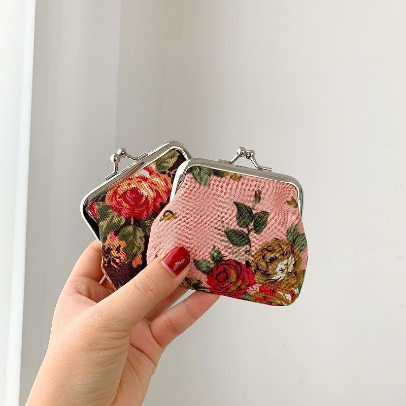 Retro Mini Canvas Coin Purse - Vintage Floral Plaid Small Zipper Wallet Organizer