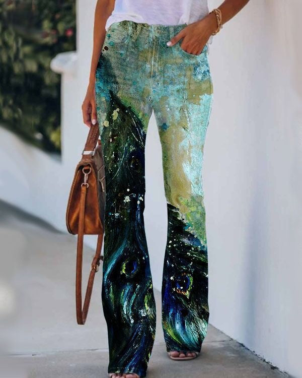 Womens 3D Patterned Flare Jeans - Artistic Printed High-Waisted Denim Trousers
