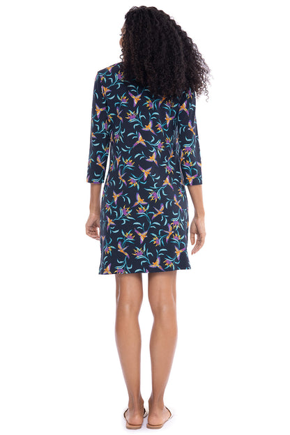 Women's Oceanside Tunic Dress with 3/4 Sleeve | Navy Birds of Paradise
